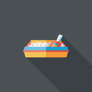 Evde beslenen hayvan kedi çöp kutusu düz simgesiyle uzun gölge, eps10