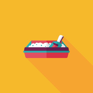 Evde beslenen hayvan kedi çöp kutusu düz simgesiyle uzun gölge, eps10