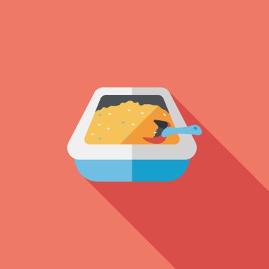 Evde beslenen hayvan kedi çöp kutusu düz simgesiyle uzun gölge, eps10