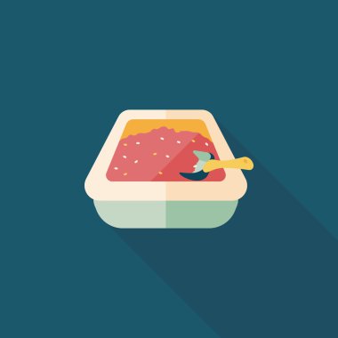 Evde beslenen hayvan kedi çöp kutusu düz simgesiyle uzun gölge, eps10