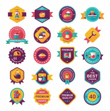 Mutfak eşyaları rozet düz afiş tasarım arka plan ayarlamak, eps10