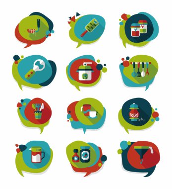 Mutfak eşyaları kabarcık konuşma düz afiş tasarım arka plan ayarlamak, eps