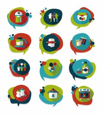 Mutfak eşyaları kabarcık konuşma düz afiş tasarım arka plan ayarlamak, eps