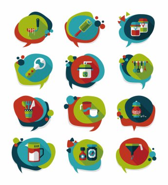 Mutfak eşyaları kabarcık konuşma düz afiş tasarım arka plan ayarlamak, eps