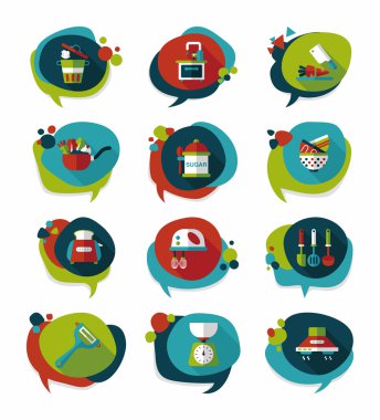 Mutfak eşyaları kabarcık konuşma düz afiş tasarım arka plan ayarlamak, eps