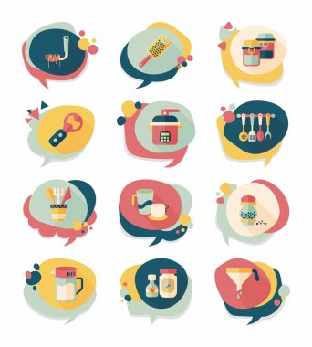 Mutfak eşyaları kabarcık konuşma düz afiş tasarım arka plan ayarlamak, eps