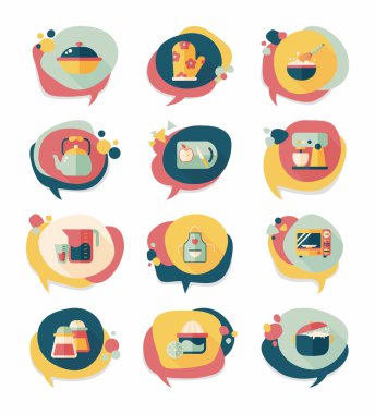 Mutfak eşyaları kabarcık konuşma düz afiş tasarım arka plan ayarlamak, eps