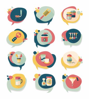 Mutfak eşyaları kabarcık konuşma düz afiş tasarım arka plan ayarlamak, eps