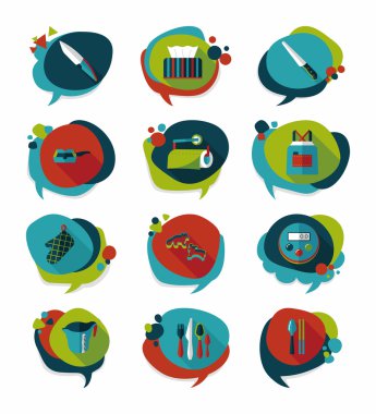 Mutfak eşyaları kabarcık konuşma düz afiş tasarım arka plan ayarlamak, eps