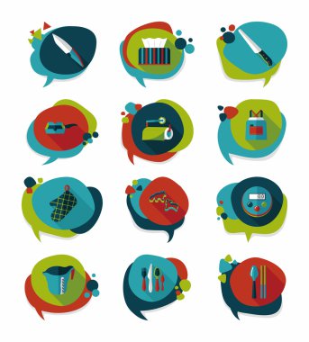 Mutfak eşyaları kabarcık konuşma düz afiş tasarım arka plan ayarlamak, eps