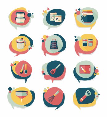 Mutfak eşyaları kabarcık konuşma düz afiş tasarım arka plan ayarlamak, eps