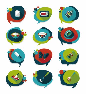 Mutfak eşyaları rozet düz afiş tasarım arka plan ayarlamak, eps10