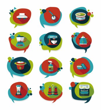 Mutfak eşyaları rozet düz afiş tasarım arka plan ayarlamak, eps10