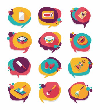 Mutfak eşyaları rozet düz afiş tasarım arka plan ayarlamak, eps10