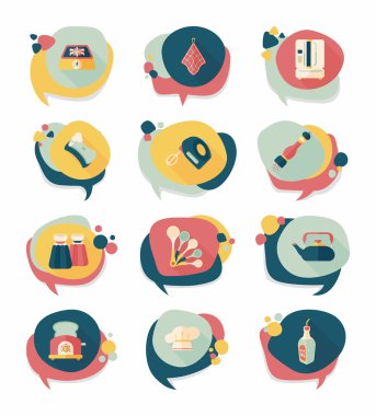 Mutfak eşyaları rozet düz afiş tasarım arka plan ayarlamak, eps10