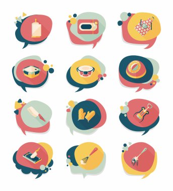 Mutfak eşyaları rozet düz afiş tasarım arka plan ayarlamak, eps10