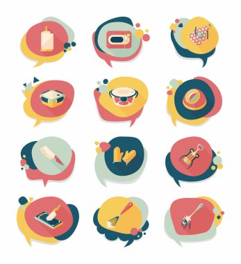 Mutfak eşyaları rozet düz afiş tasarım arka plan ayarlamak, eps10