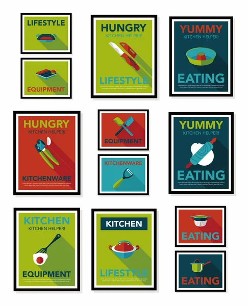 Utensilios de cocina cartel banner plano diseño fondo plano conjunto, eps10 — Archivo Imágenes Vectoriales