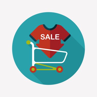 Satılık işareti yönetim kurulu ve sepeti düz simgesi uzun gölge, eps ile alışveriş