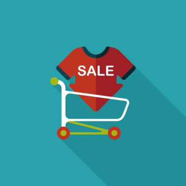 Satılık işareti yönetim kurulu ve sepeti düz simgesi uzun gölge, eps ile alışveriş