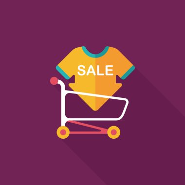 Satılık işareti yönetim kurulu ve sepeti düz simgesi uzun gölge, eps ile alışveriş