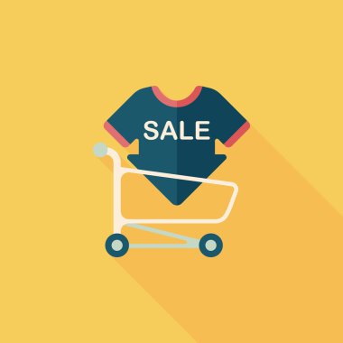 Satılık işareti yönetim kurulu ve sepeti düz simgesi uzun gölge, eps ile alışveriş