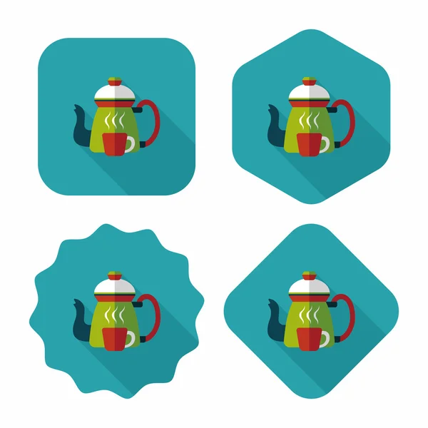 Tetera de café y taza de icono plano con sombra larga, eps10 — Vector de stock