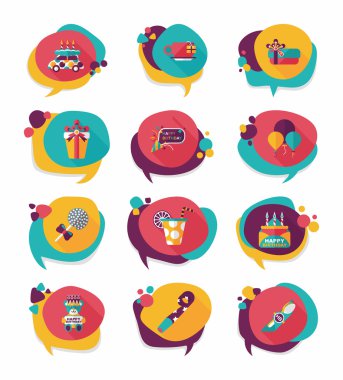 Doğum günü kabarcık konuşma afiş tasarım düz arka plan ayarlamak, eps10