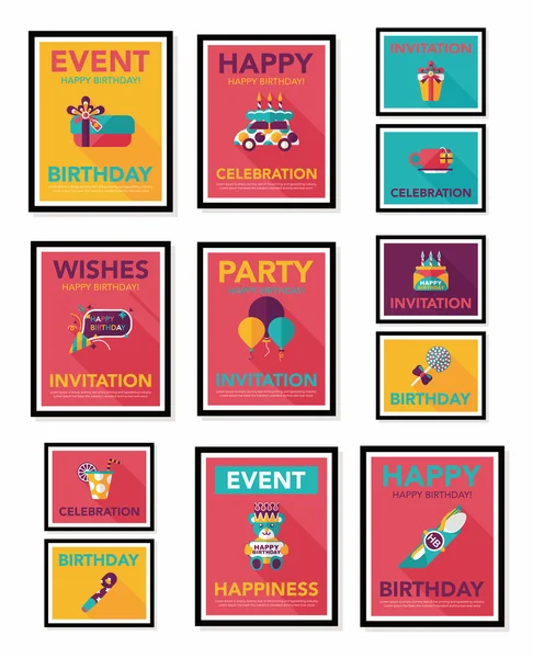 Afiche de cumpleaños diseño de pancarta plana conjunto de fondo plano, eps10 — Vector de stock