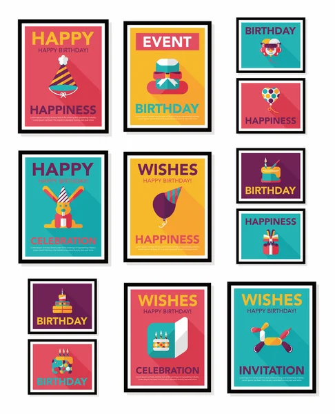 Afiche de cumpleaños diseño de pancarta plana conjunto de fondo plano, eps10 — Archivo Imágenes Vectoriales