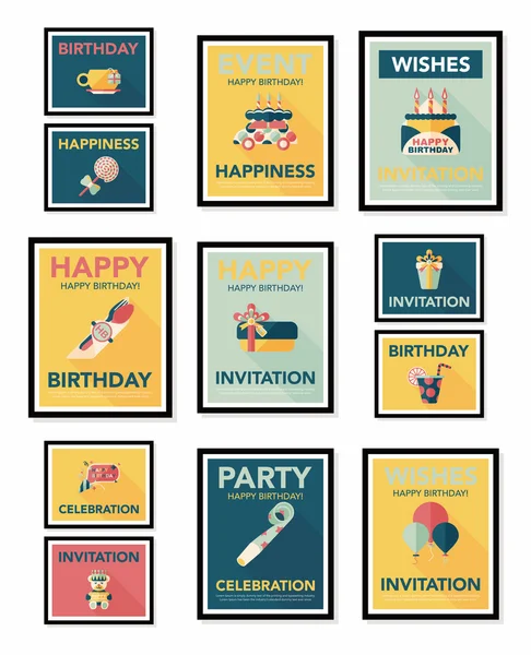 Afiche de cumpleaños diseño de pancarta plana conjunto de fondo plano, eps10 — Vector de stock