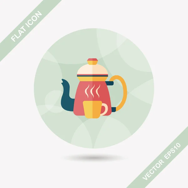 Tetera de café y taza de icono plano con sombra larga, eps10 — Vector de stock