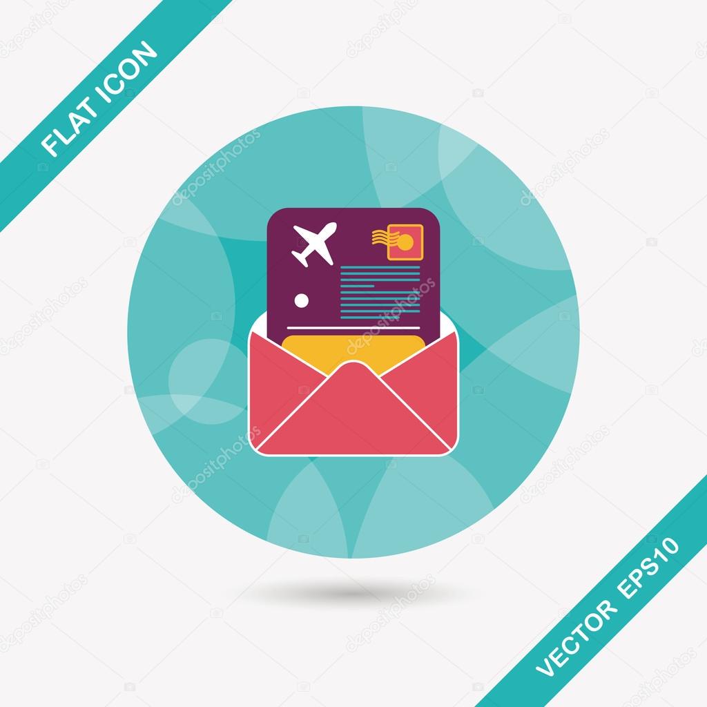 mail Air ticket flat icon with long shadow