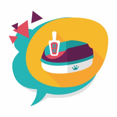 Evde beslenen hayvan kedi çöp kutusu düz simgesiyle uzun gölge, eps10