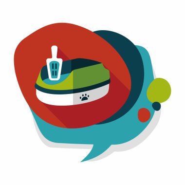 Evde beslenen hayvan kedi çöp kutusu düz simgesiyle uzun gölge, eps10