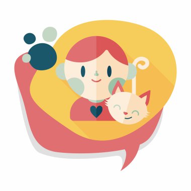 Evde beslenen hayvan kedi ve çocuk dostluk düz simgesi ile uzun gölge, eps10