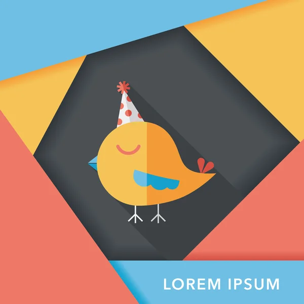 Pássaro com chapéu de aniversário ícone plano com sombra longa, eps10 — Vetor de Stock