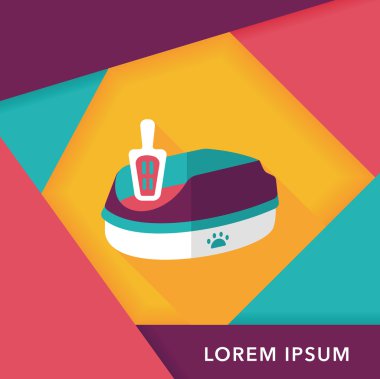 Evde beslenen hayvan kedi çöp kutusu düz simgesiyle uzun gölge, eps10