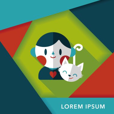 Evde beslenen hayvan kedi ve çocuk dostluk düz simgesi ile uzun gölge, eps10