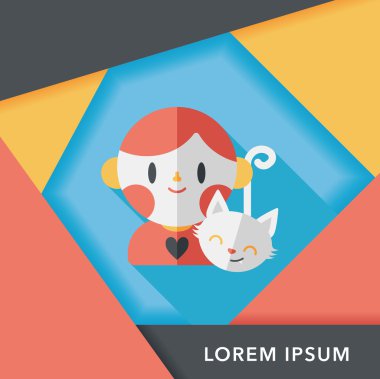 Evde beslenen hayvan kedi ve çocuk dostluk düz simgesi ile uzun gölge, eps10