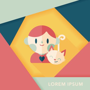 Evde beslenen hayvan kedi ve çocuk dostluk düz simgesi ile uzun gölge, eps10