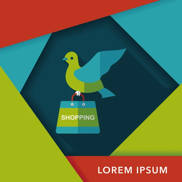 Pájaro y bolsa de papel de compras icono plano con sombra larga, eps10 — Vector de stock