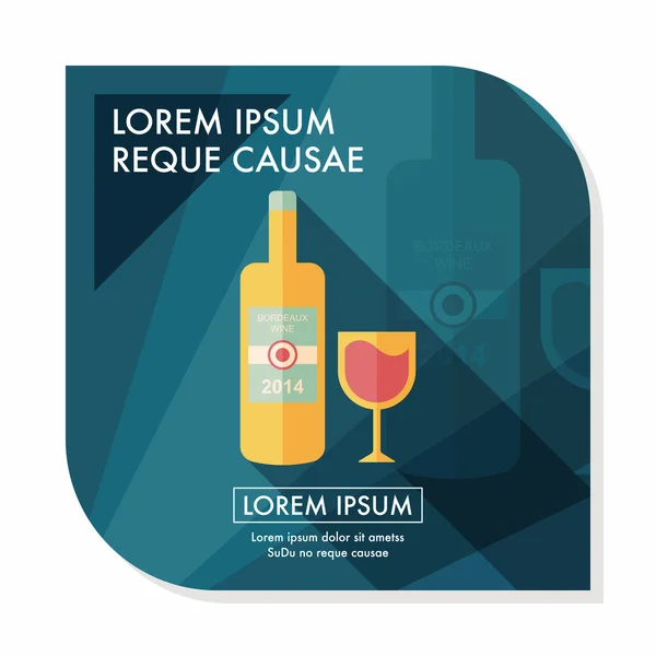 Botella de vino y un icono plano de cristal con sombra larga, eps10 — Vector de stock