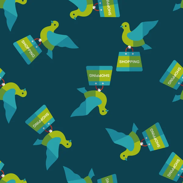 Vogel en winkelen papieren zak platte pictogram, eps10 naadloze patroon achtergrond — Stockvector