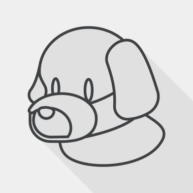 Evde beslenen hayvan köpek ağız kapak düz simgesiyle uzun gölge, satırı simgesi