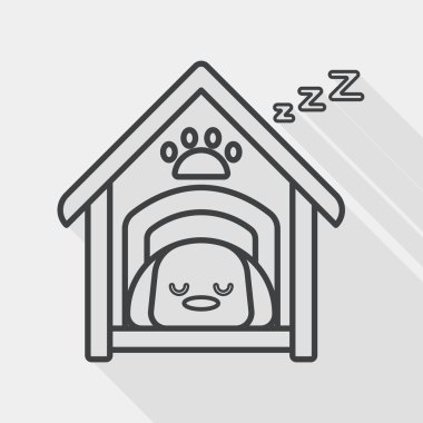 Evde beslenen hayvan köpek evi düz simgesi ile uzun gölge, satırı simgesi