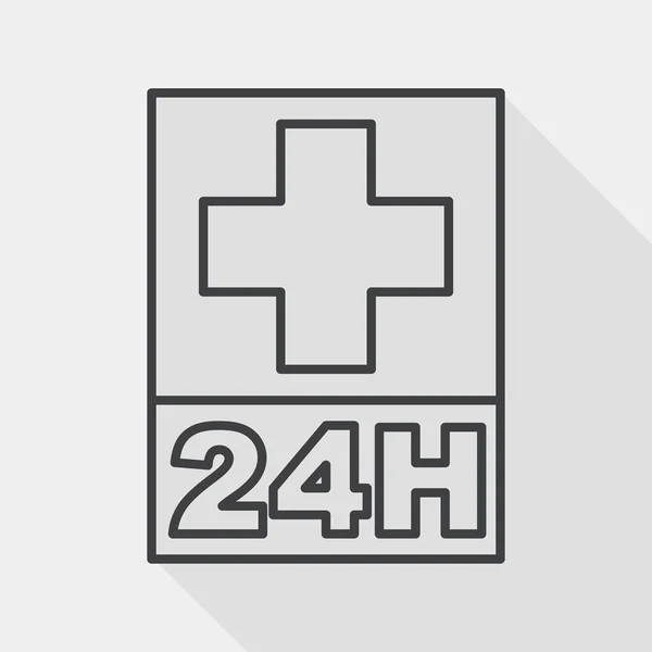 Больницы 24 часа плоская икона с длинной тенью, икона линии — стоковый вектор