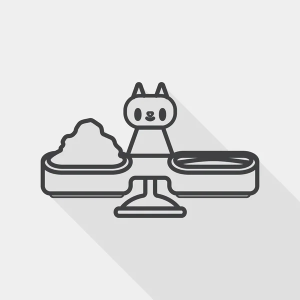 애완 동물 고양이 긴 그림자, 라인 아이콘 음식 그릇 플랫 아이콘 — 스톡 벡터