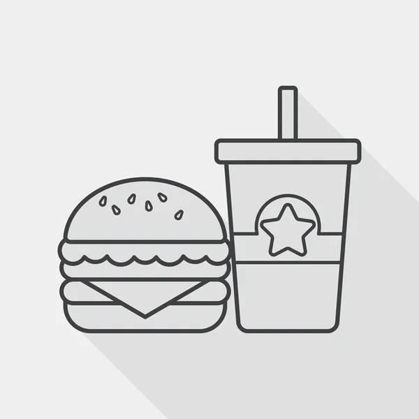 Hambúrguer e refrigerante ícone plano com sombra longa, ícone de linha — Vetor de Stock