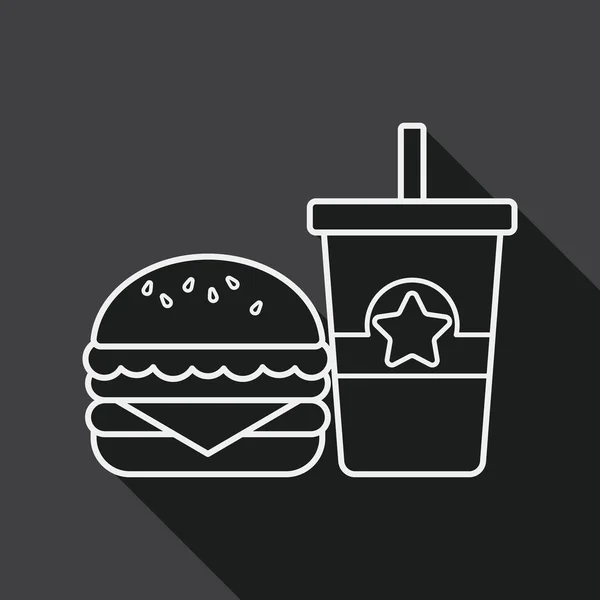 Hambúrguer e refrigerante ícone plano com sombra longa, ícone de linha — Vetor de Stock